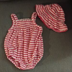 Red and White Striped Baby Romper with Hat
